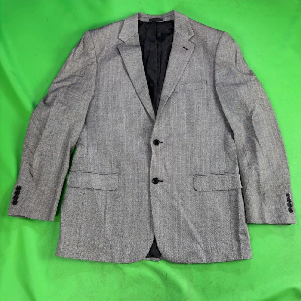 Andrew Fezza Blazer Mens 42L Grey Herringbone 100% Silk Two Button Sport Coat